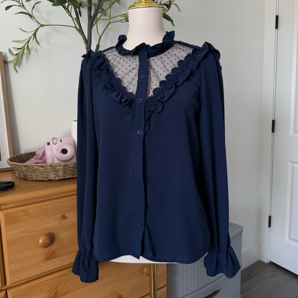 Chic Navy Blue Blouse with Lace Detail